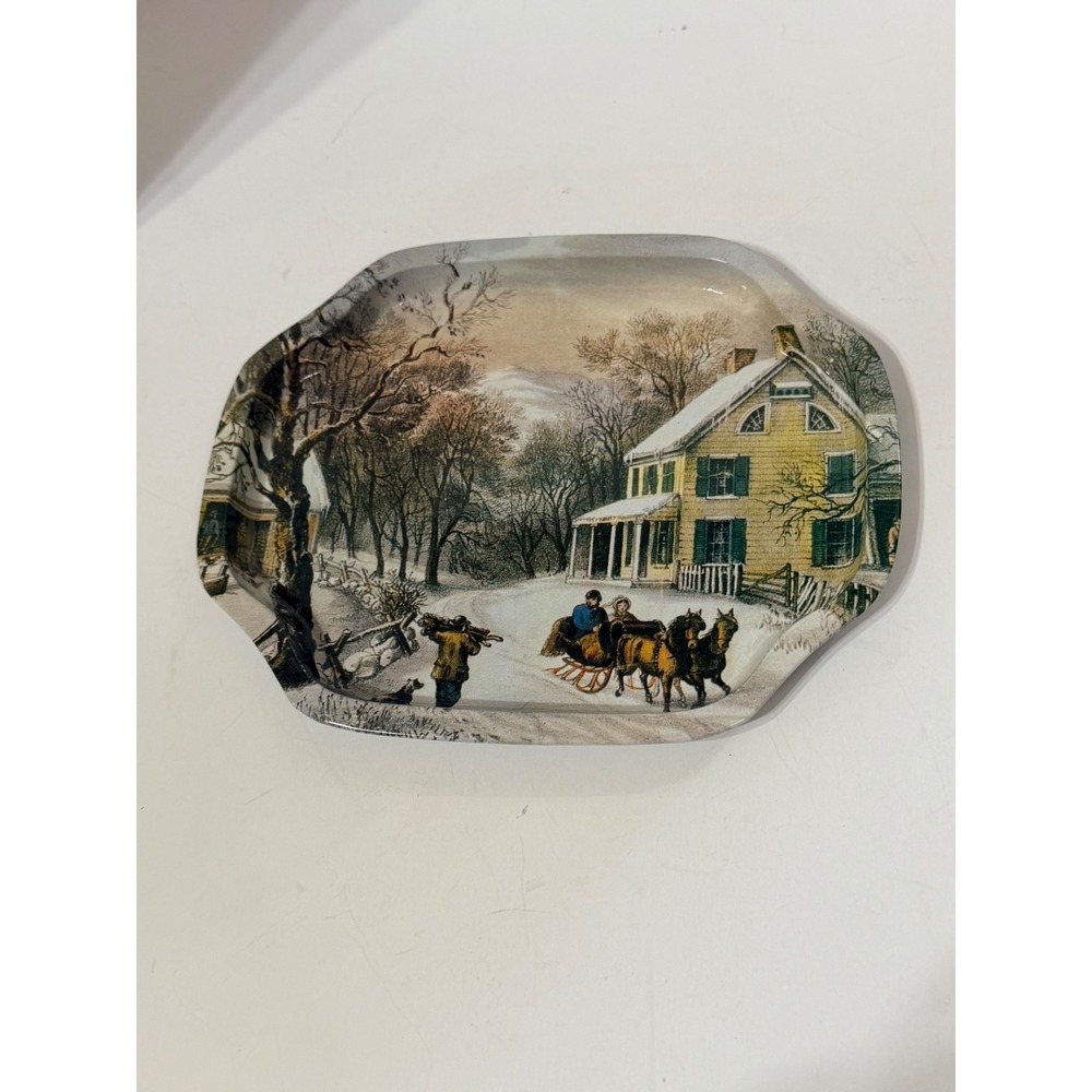 Currier & Ives American‎ Winter Scenes Morning Metal Tray Sleigh Farmhouse Decor